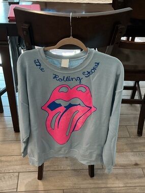the Rolling Stones Light Blue Kids Sweatshirt with Pink & Navy Tongue Graphic